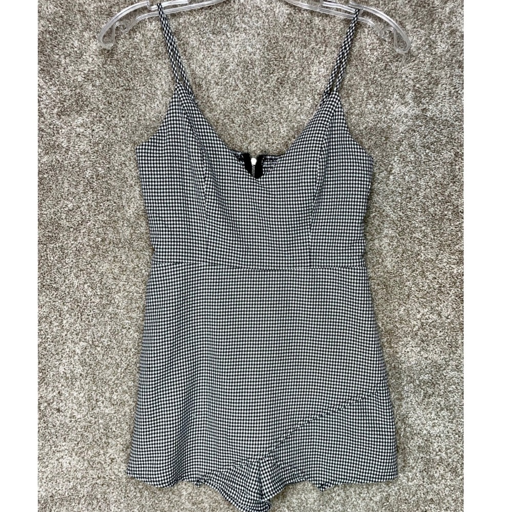 Gab & Kate Gingham Checkered Romper Womens S Black White Smocked Back Rockabilly